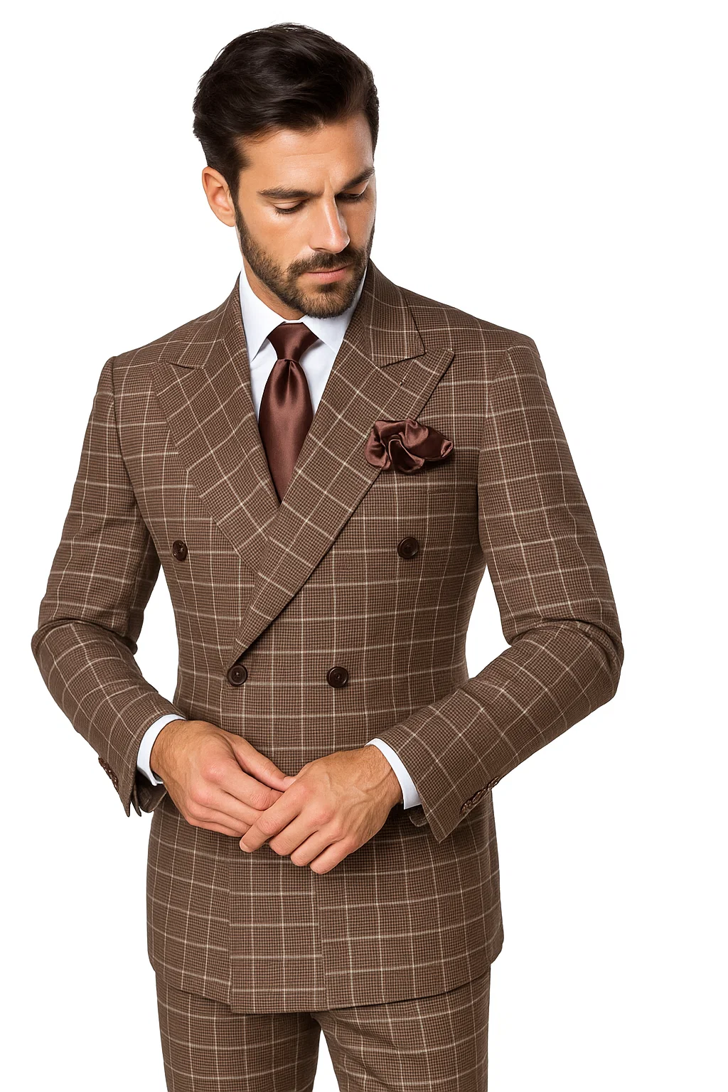 Suits With Baggy Pleated Pants - Wide Leg Pants 100% Wool - Classic Fit in Brown Plaid Color by Rossiman - 38 Regular