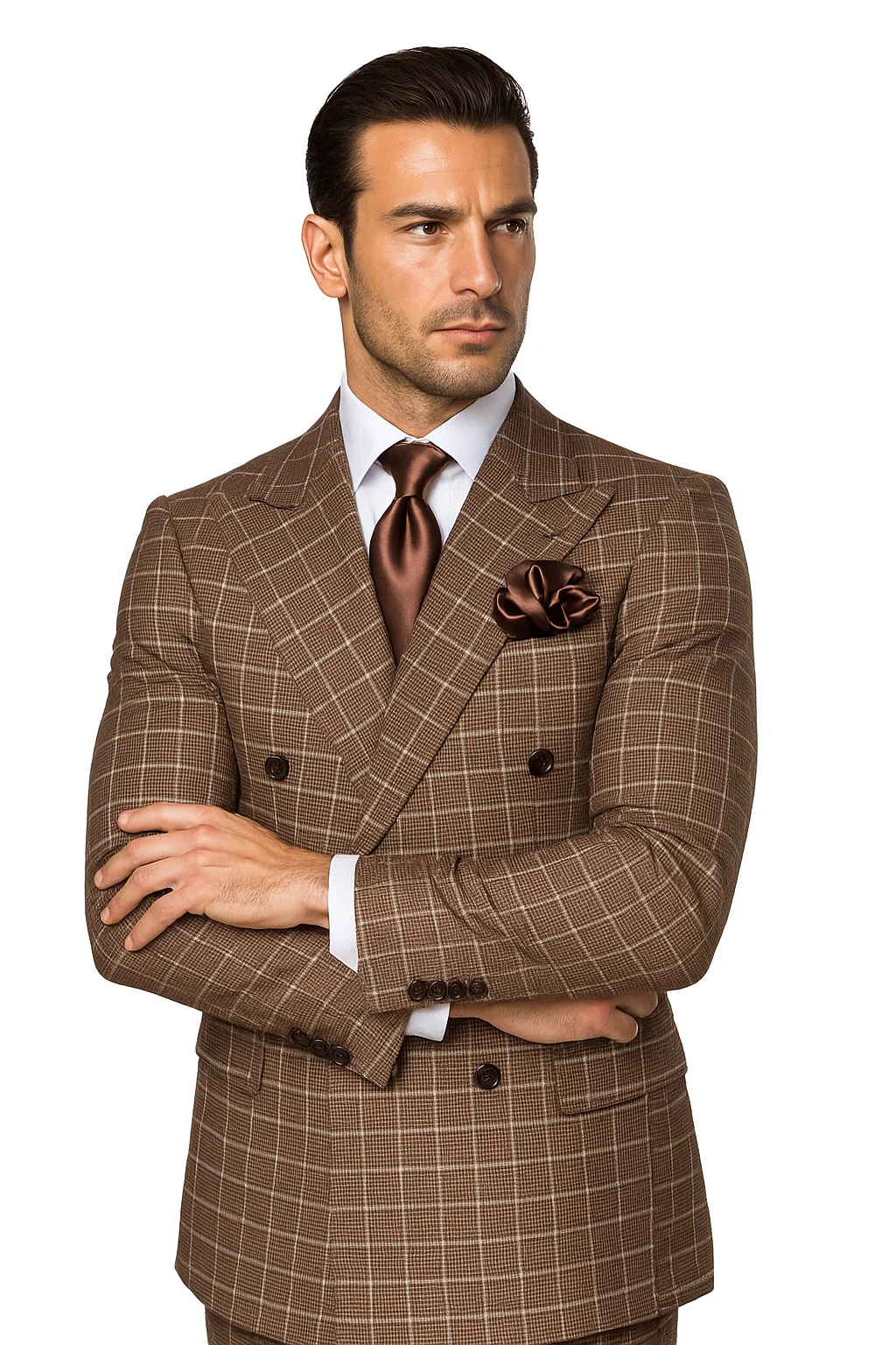 Suits With Baggy Pleated Pants - Wide Leg Pants 100% Wool - Classic Fit in Brown Plaid Color by Rossiman - 38 Regular