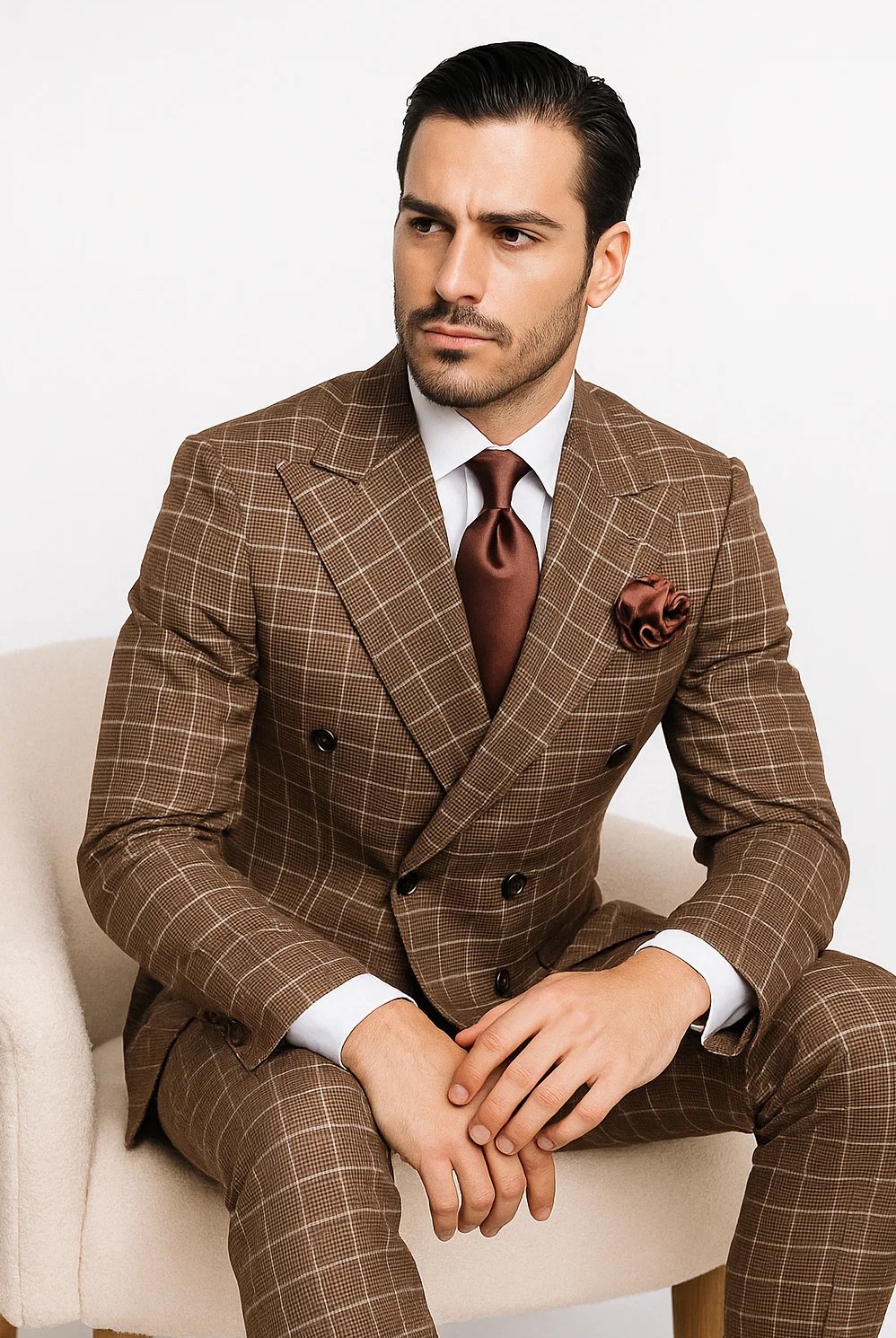 Suits With Baggy Pleated Pants - Wide Leg Pants 100% Wool - Classic Fit in Brown Plaid Color by Rossiman - 38 Regular