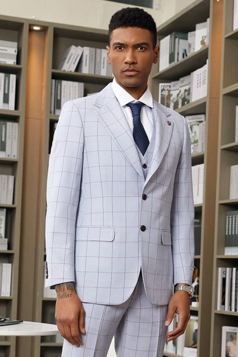 Mens Stacy Adams Suit -Stacy Adams Suit Men's Light Blue Plaid Vested Suit - Two Button Wide Notch Lapel - 34 Short