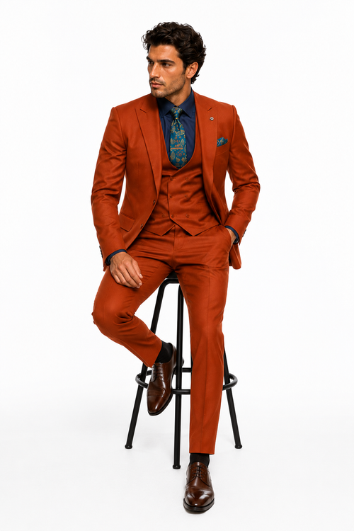 Classic Burnt Orange ~ Rust Three-Piece Suit Stylish Wedding Outfit-New Designer Collection