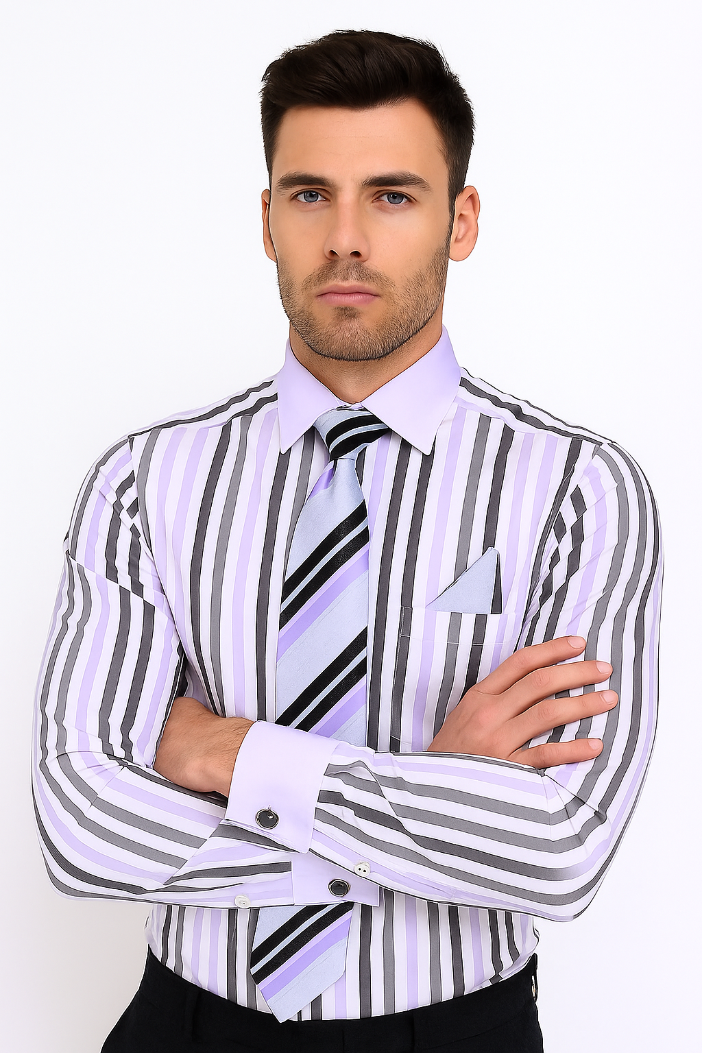 Classic Fit French Cuff Striped Black Shirt With Matching Tie And Hanky White Collar Two Toned Contrast Men's Dress Shirt - New Arrival - 15.5 Neck / 34-35 sleeve