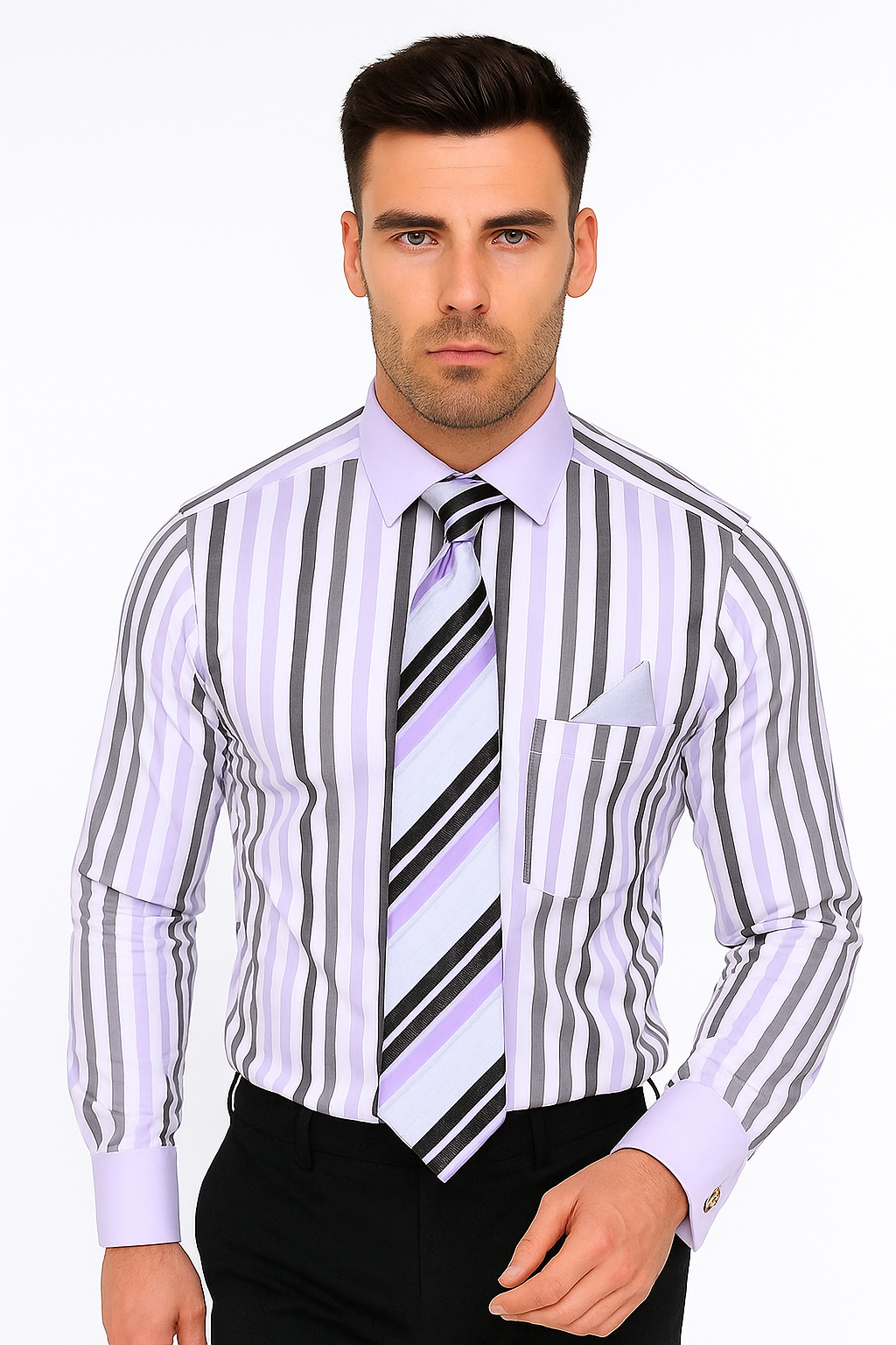 Classic Fit French Cuff Striped Black Shirt With Matching Tie And Hanky White Collar Two Toned Contrast Men's Dress Shirt - New Arrival - 15.5 Neck / 34-35 sleeve