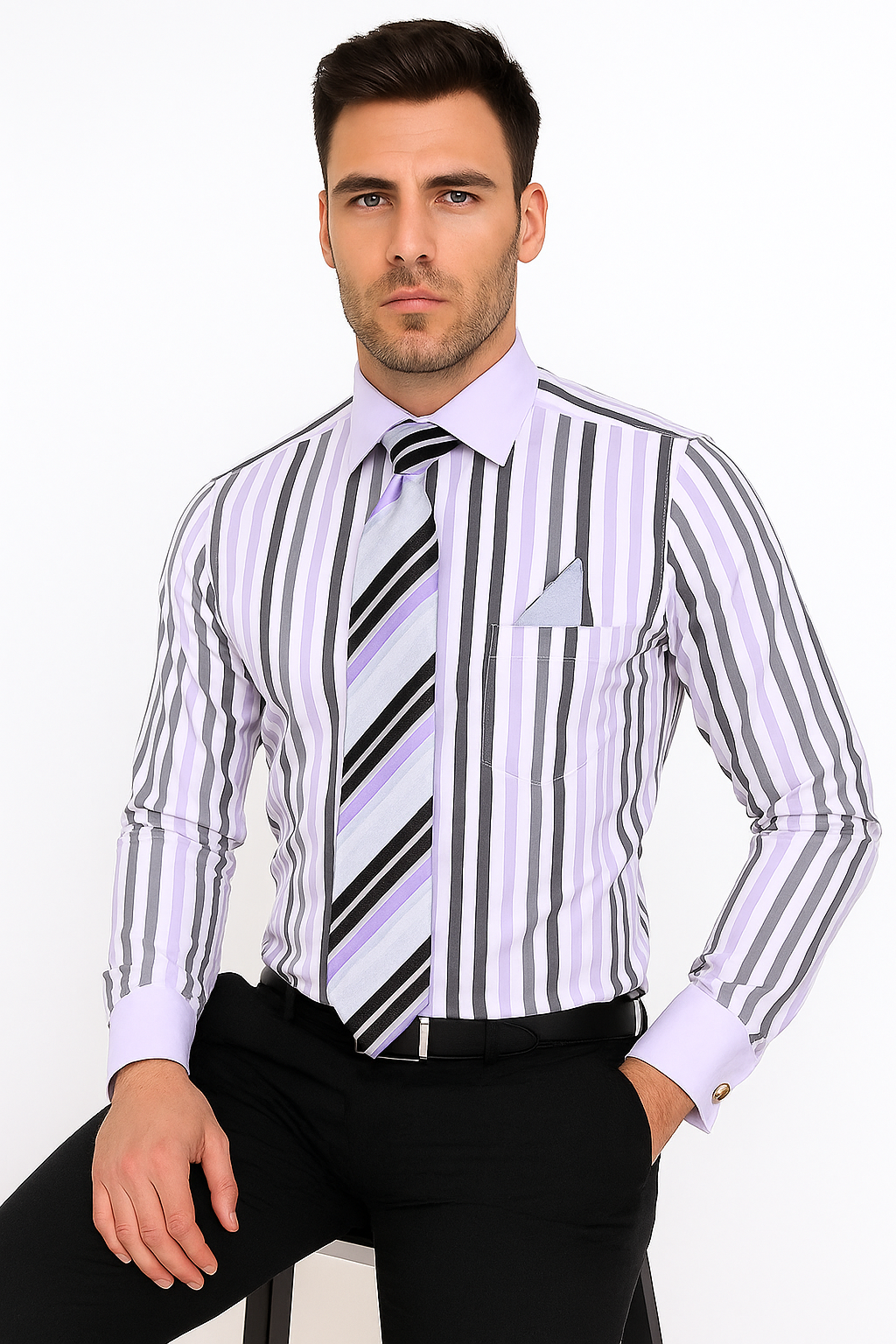 Classic Fit French Cuff Striped Black Shirt With Matching Tie And Hanky White Collar Two Toned Contrast Men's Dress Shirt - New Arrival - 15.5 Neck / 34-35 sleeve