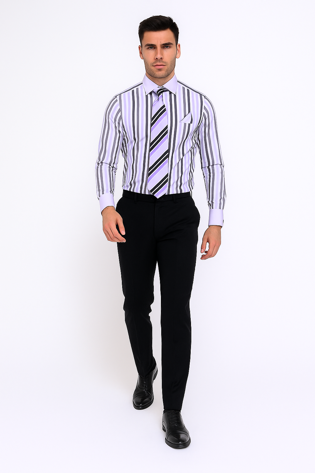 Classic Fit French Cuff Striped Black Shirt With Matching Tie And Hanky White Collar Two Toned Contrast Men's Dress Shirt - New Arrival - 15.5 Neck / 34-35 sleeve