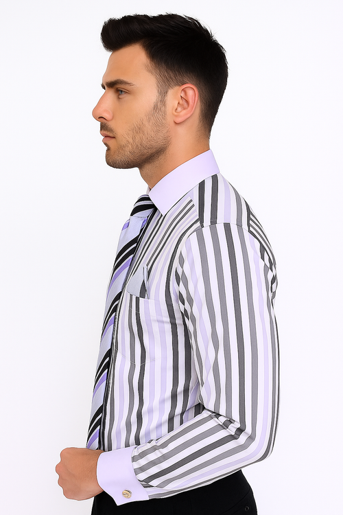 Classic Fit French Cuff Striped Black Shirt With Matching Tie And Hanky White Collar Two Toned Contrast Men's Dress Shirt - New Arrival