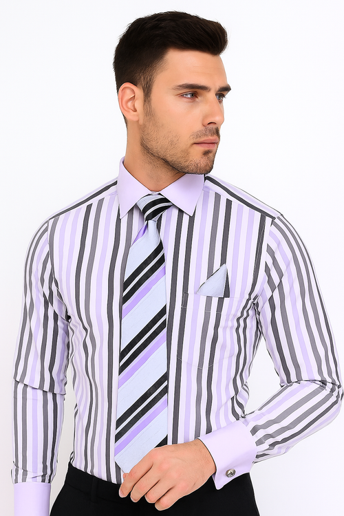 Classic Fit French Cuff Striped Black Shirt With Matching Tie And Hanky White Collar Two Toned Contrast Men's Dress Shirt - New Arrival
