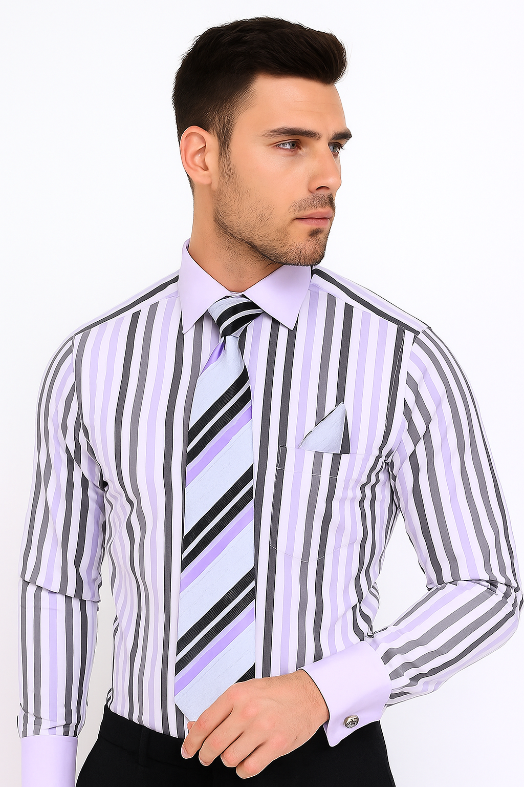 Classic Fit French Cuff Striped Black Shirt With Matching Tie And Hanky White Collar Two Toned Contrast Men's Dress Shirt - New Arrival - 15.5 Neck / 34-35 sleeve
