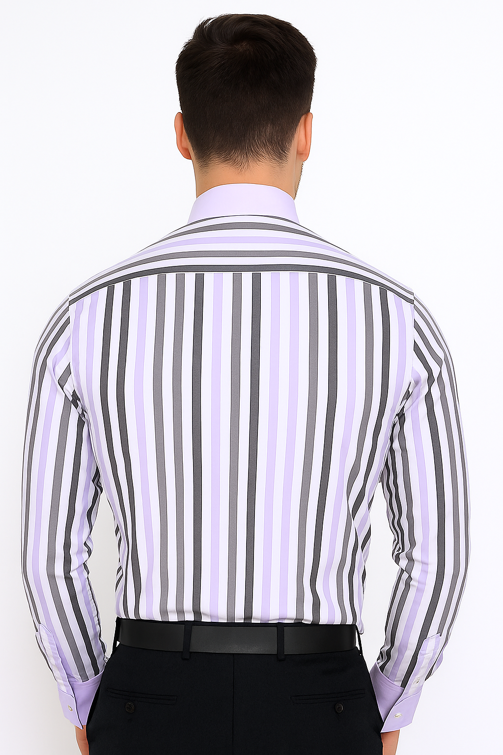 Classic Fit French Cuff Striped Black Shirt With Matching Tie And Hanky White Collar Two Toned Contrast Men's Dress Shirt - New Arrival - 15.5 Neck / 34-35 sleeve