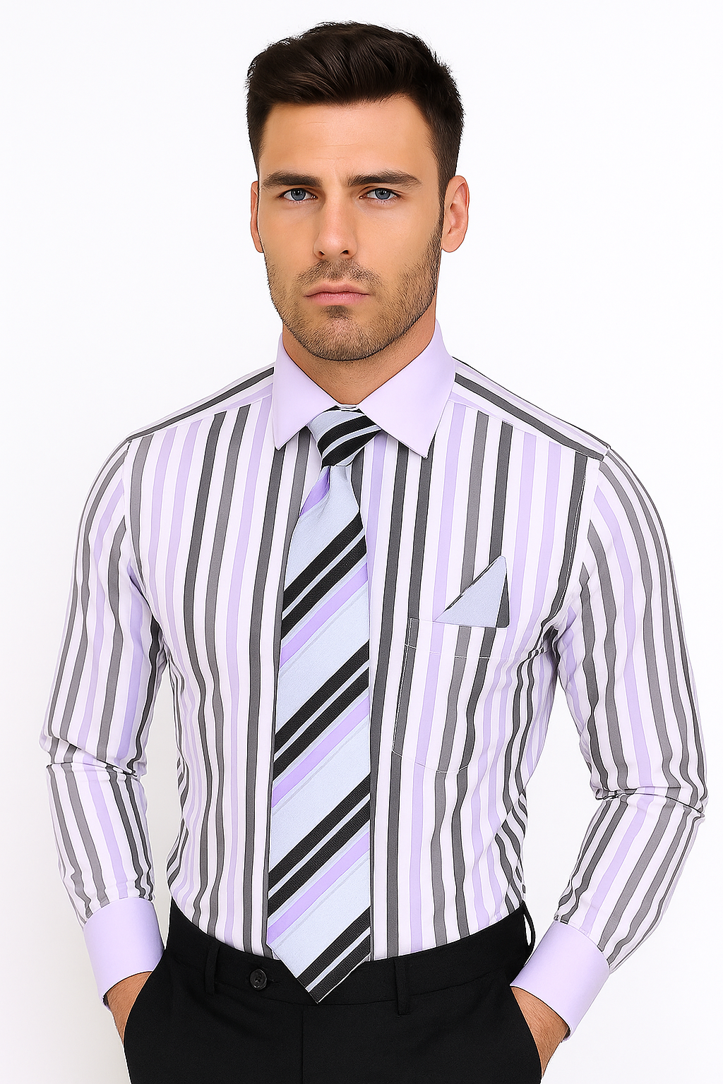 Classic Fit French Cuff Striped Black Shirt With Matching Tie And Hanky White Collar Two Toned Contrast Men's Dress Shirt - New Arrival - 15.5 Neck / 34-35 sleeve