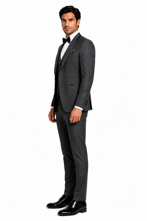 Classic Mens Vested Tuxedo in Charcoal – Satin Shawl Collar for Formal Events