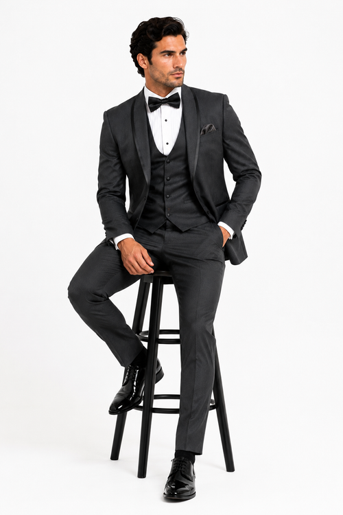 Classic Mens Vested Tuxedo in Charcoal – Satin Shawl Collar for Formal Events
