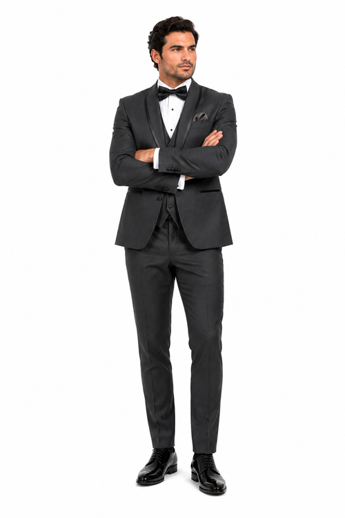 Classic Mens Vested Tuxedo in Charcoal – Satin Shawl Collar for Formal Events