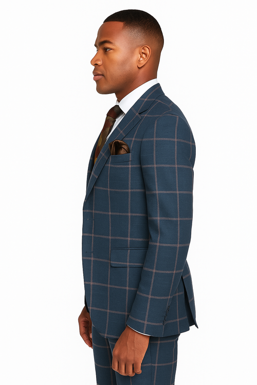 Rossiman Mens Navy & Gray Plaid Suit - Classic Windowpane Double-Breasted Design