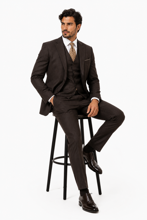 Classic Vested 3 Pieces 2 Button Dark Brown Stripe ~ Pinstripe Men's Suit Discounted Sale