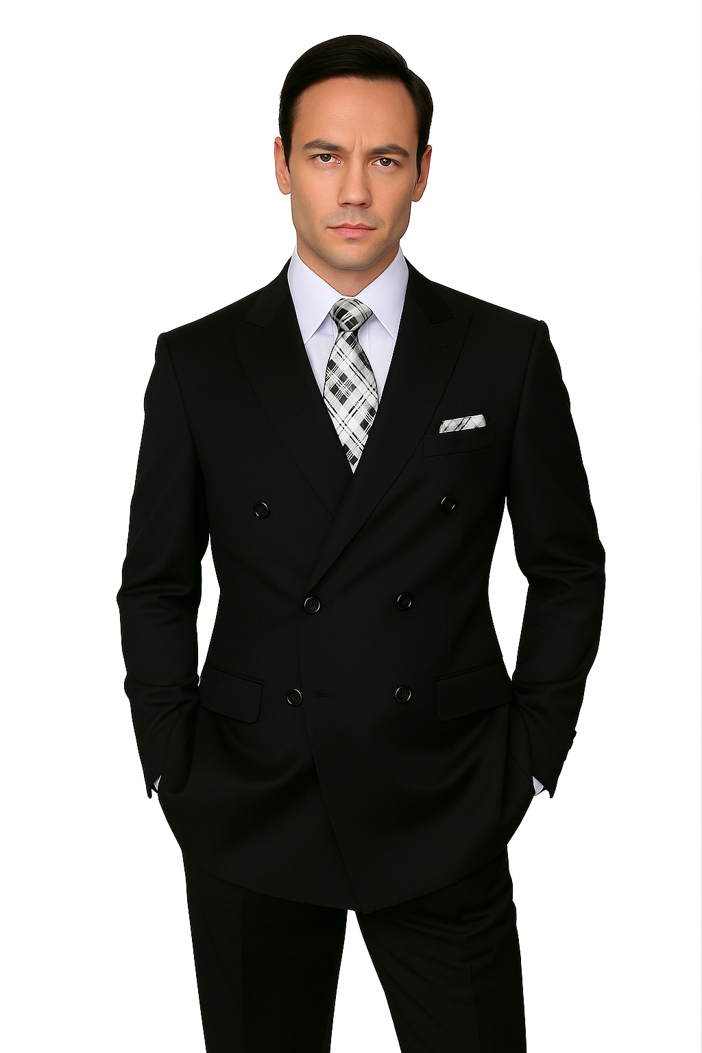 Mens Classic Wool Double Breasted Suit in Black - 38 Short Jacket+32 Waist Adjustable 28to34)(Height: 5 4 to5 7 )(Neck  15-16.5)S-M)