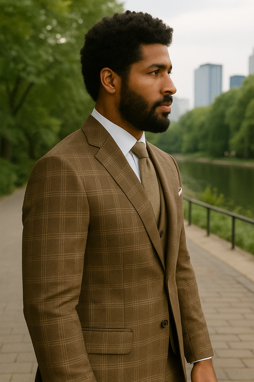 Modern Fit - Wool Suit - Italian Made Business Suit by Windowpane Texture Business Pattern Modern Fit Side Vented Men's 3 Piece 100% Wool Modern Fit Suit - Sharp Plaid Pattern