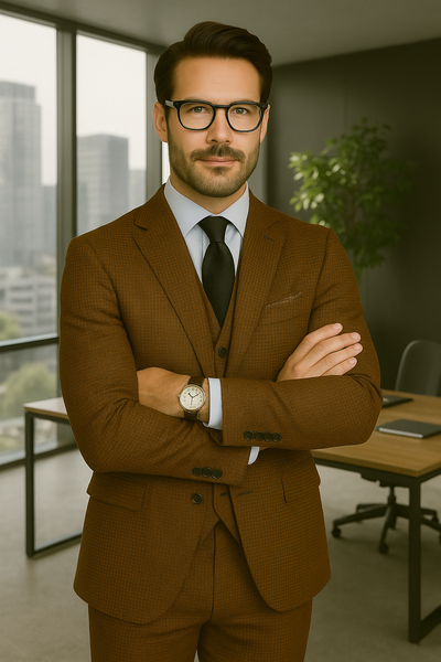 Modern Fit - Wool Suit - Italian Made Business Suit by Statement Men's 3 Piece 100% Wool Modern Fit Suit - Micro Checker Pattern