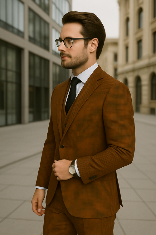 Modern Fit - Wool Suit - Italian Made Business Suit by Statement Men's 3 Piece 100% Wool Modern Fit Suit - Micro Checker Pattern