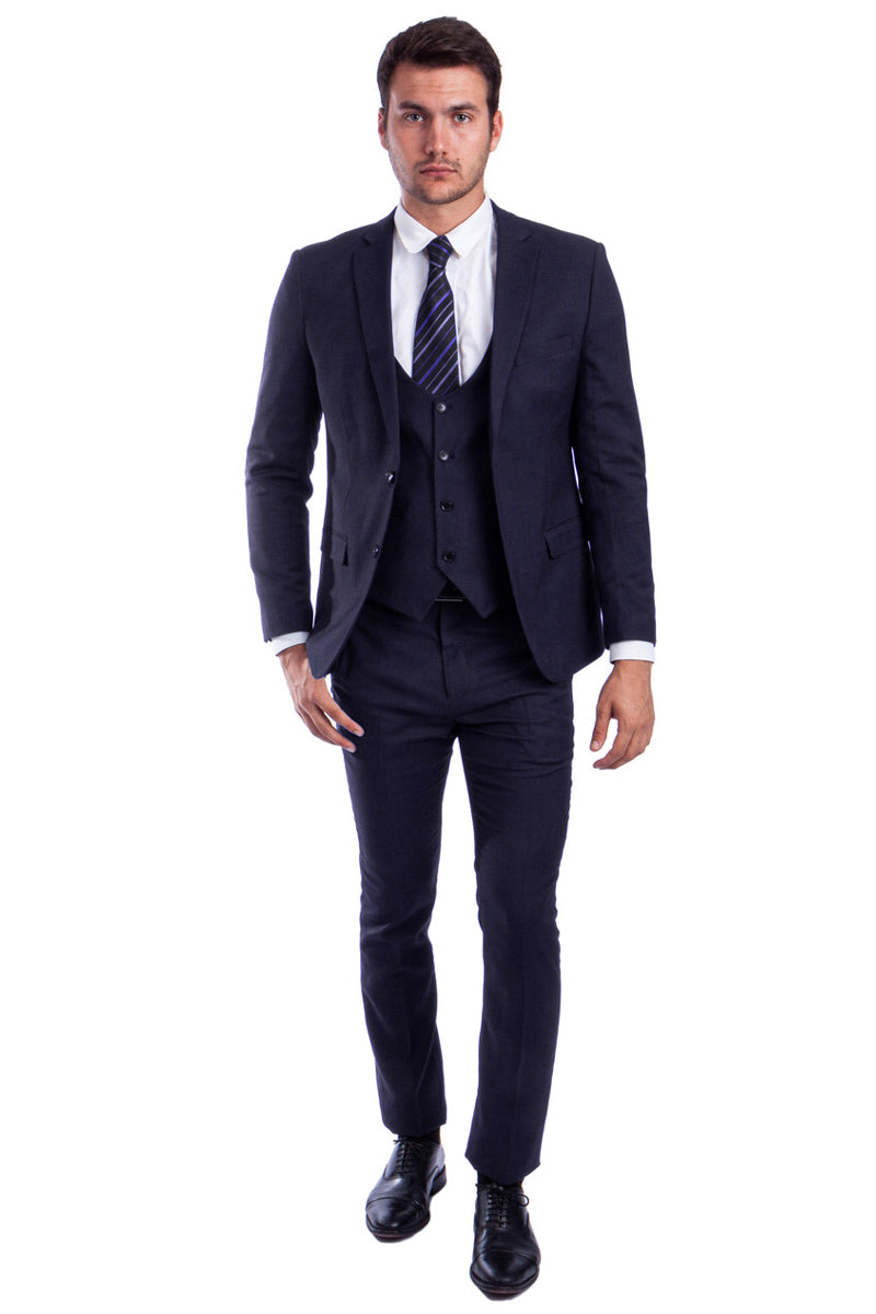 "Skinny Fit Men's Navy Blue Vested Suit - Two Button Style"