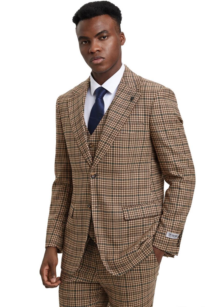 Men's Stacy Adams Vested Modern Fit Houndstooth Glen Plaid Suit in Camel & Green - 38 Regular