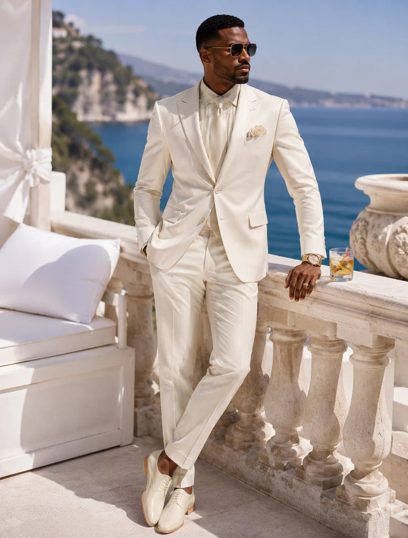 Mens Satin-Finish Pinstripe - Shiny Metallic Stripe Peak Lapel in Color Cream - Modern Fit By Rossiman