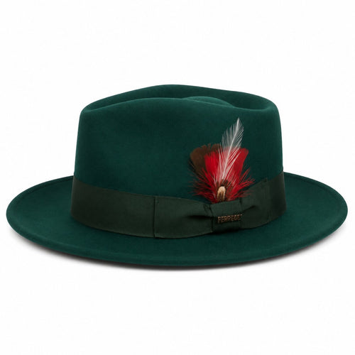 Gangster 100% Australian Wool Crushable Mens Fedora Hat - Removable Feather Gangster Hunter Green Mens Fedora Hat