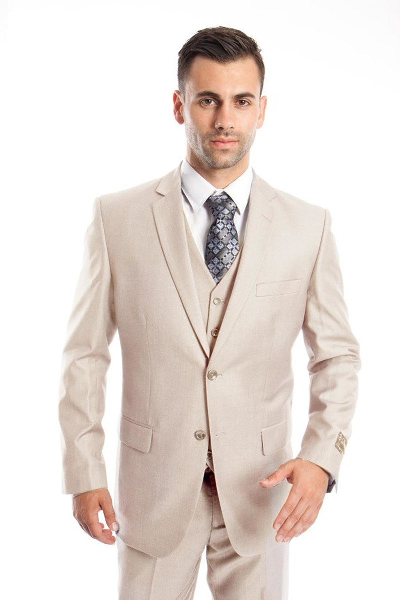 "Men's Solid Tan Wedding Suit - Two Button Vested Business Attire"