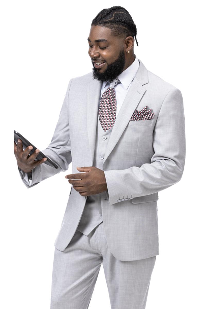 "Sharkskin Business Suit - Men's Modern Fit Two-Button Vested in Light Grey"