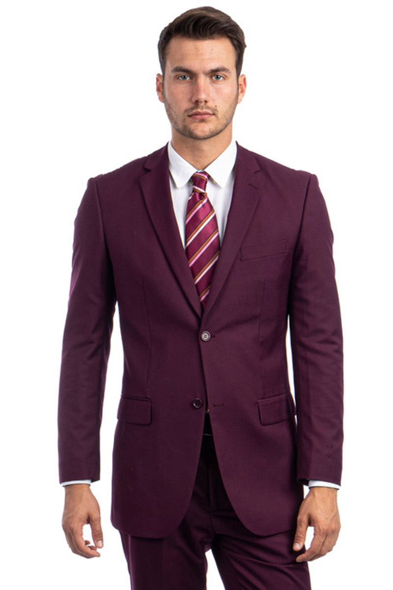 Mens 2 Button Modern Fit Vested Wool Suit in Burgundy by Statement