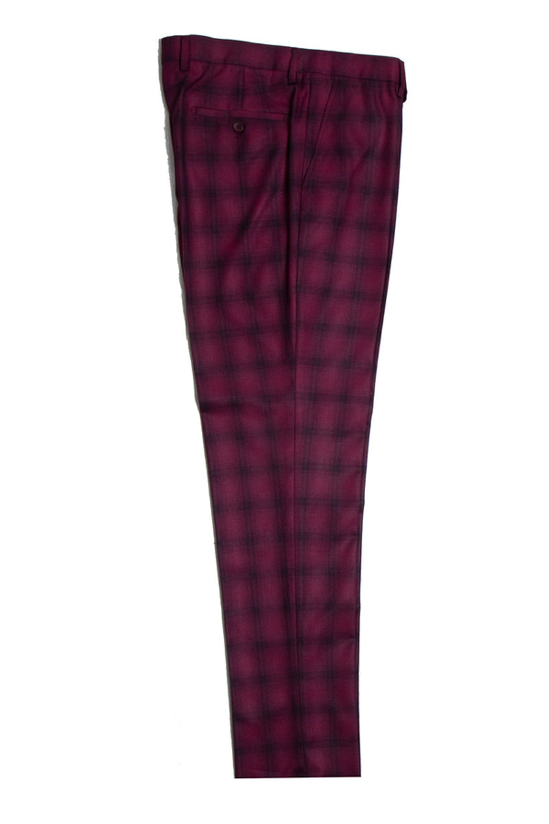 "Mens Stacy Adams Suit - Stacy Adams Suit Men's Bold Windowpane Plaid Vested Suit - Burgundy" - 34 Regular