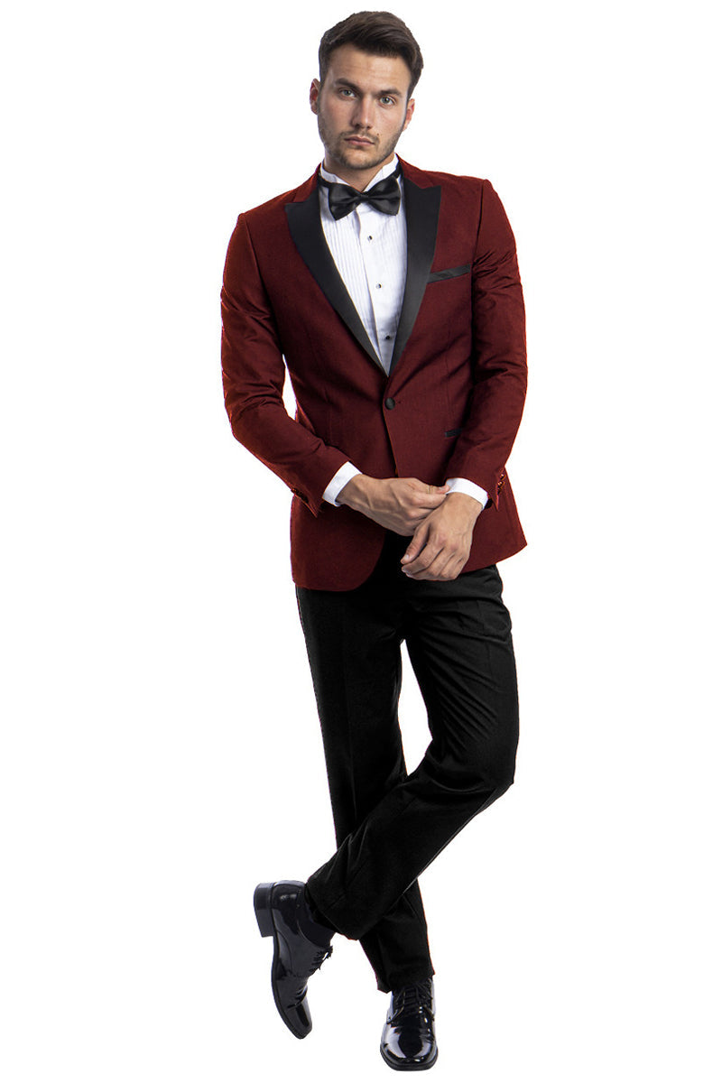 "Burgundy Men's Slim Fit Wedding Tuxedo with One Button Peak Lapel"