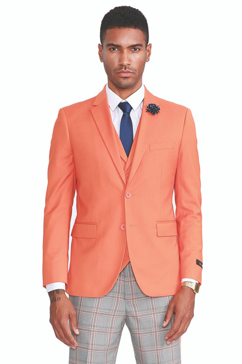 "Orange Men's Summer Suit with Two Button Vest & Grey Plaid Pants"