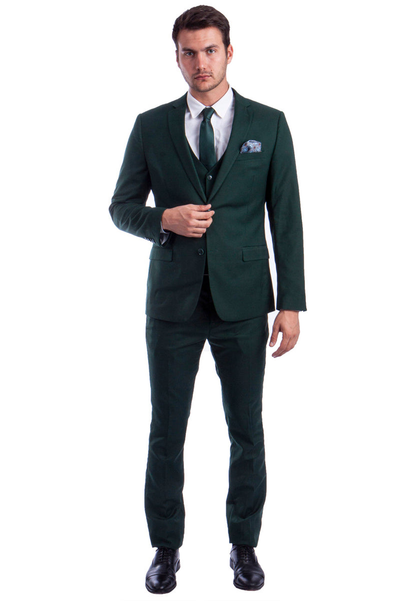 "Forest Green Men's Slim Fit Two Button Vested Suit - Solid Basic Color"