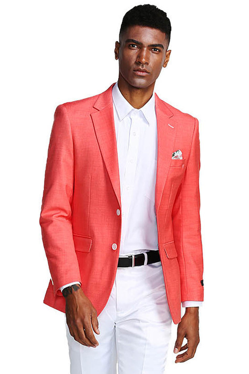 "Salmon Pink Men's Slim Fit Linen Summer Blazer - Two Button Style"