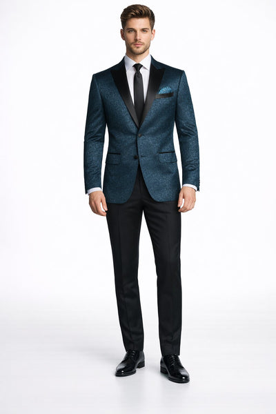 Mens 2 Button Satin Peak Lapel Paisley Prom 2026 Blazer in Dark Teal