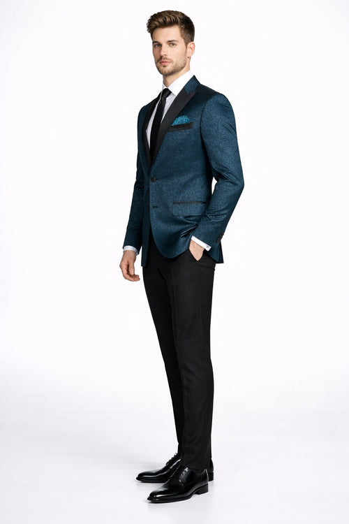 Mens 2 Button Satin Peak Lapel Paisley Prom 2026 Blazer in Dark Teal