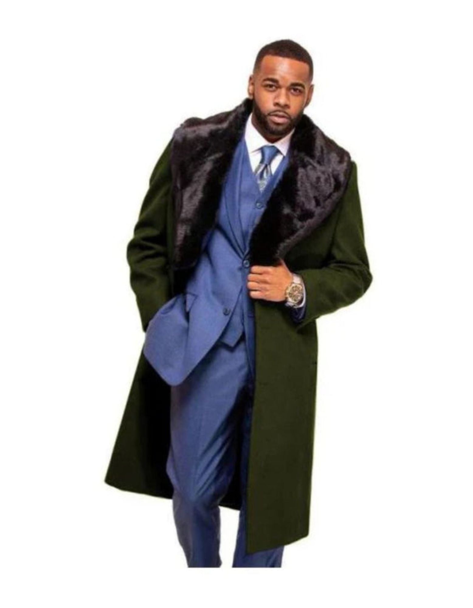 Men's Dark Olive Long Dress Winter Coat With Fur Collar - Coat Size 38