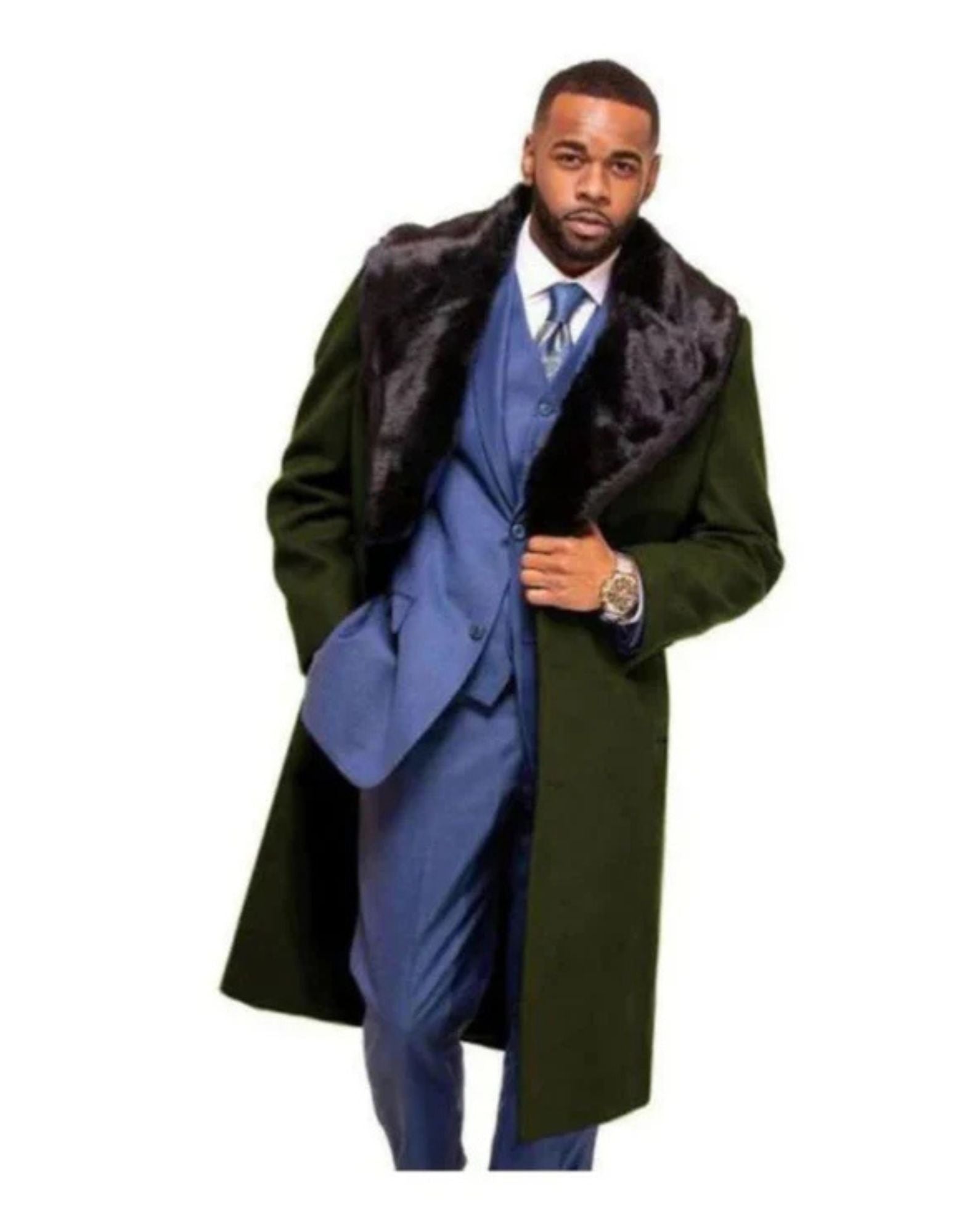 Overcoat ~ Long men's Dress Topcoat - Winter coat With Fur Collar Dark Olive And Wool Fabric - Coat Size 38