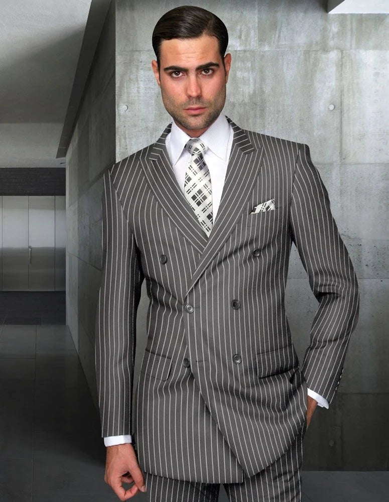 Men's 2-Piece Wool Suit - Bold Pinstripe | 100% Wool | Statement Outlet - 38 Short Jacket+32 Waist Adjustable 28to34)(Height: 5 4 to5 7 )(Neck 15-16.5)S-M)
