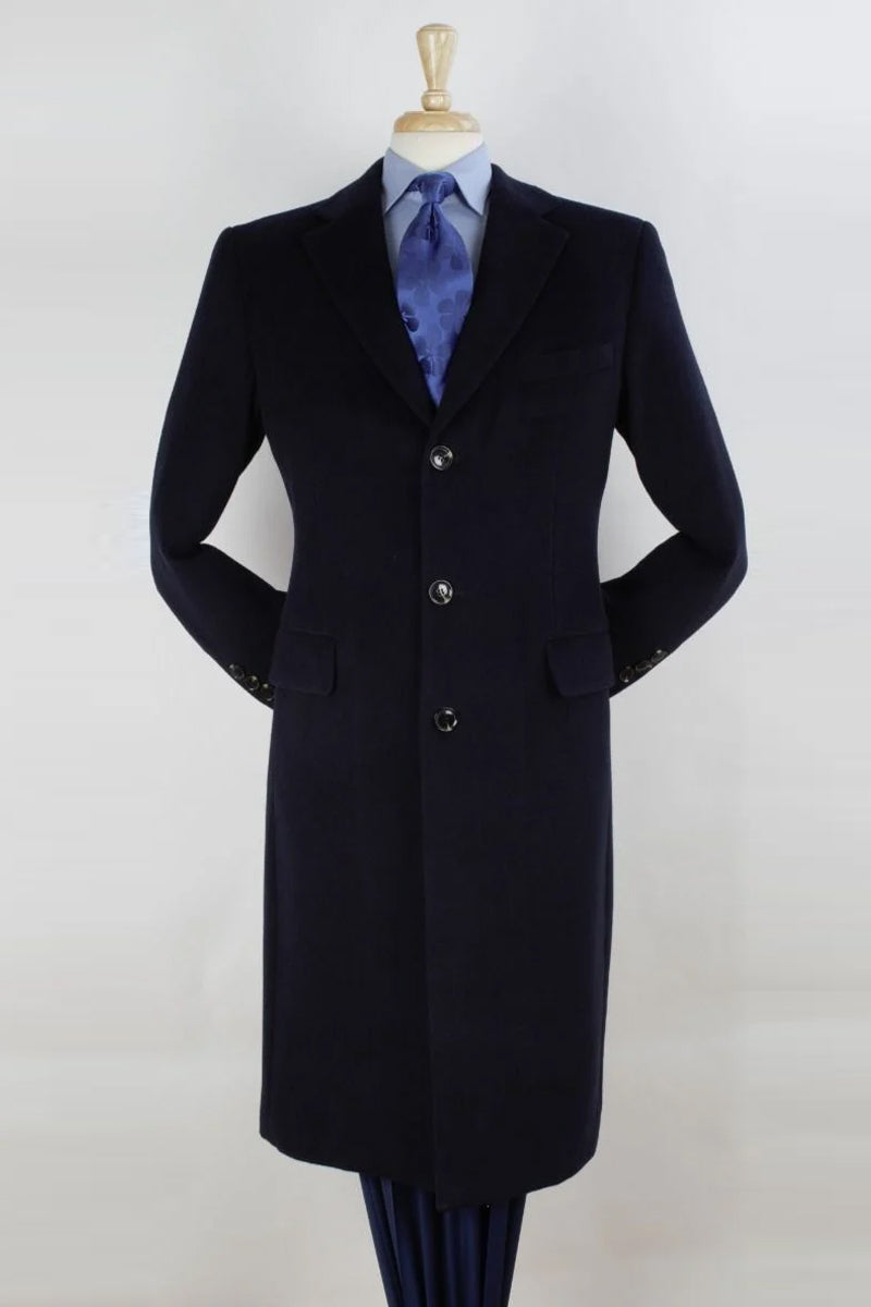 "Navy Men's Full Length Pure Wool Dress Overcoat"
