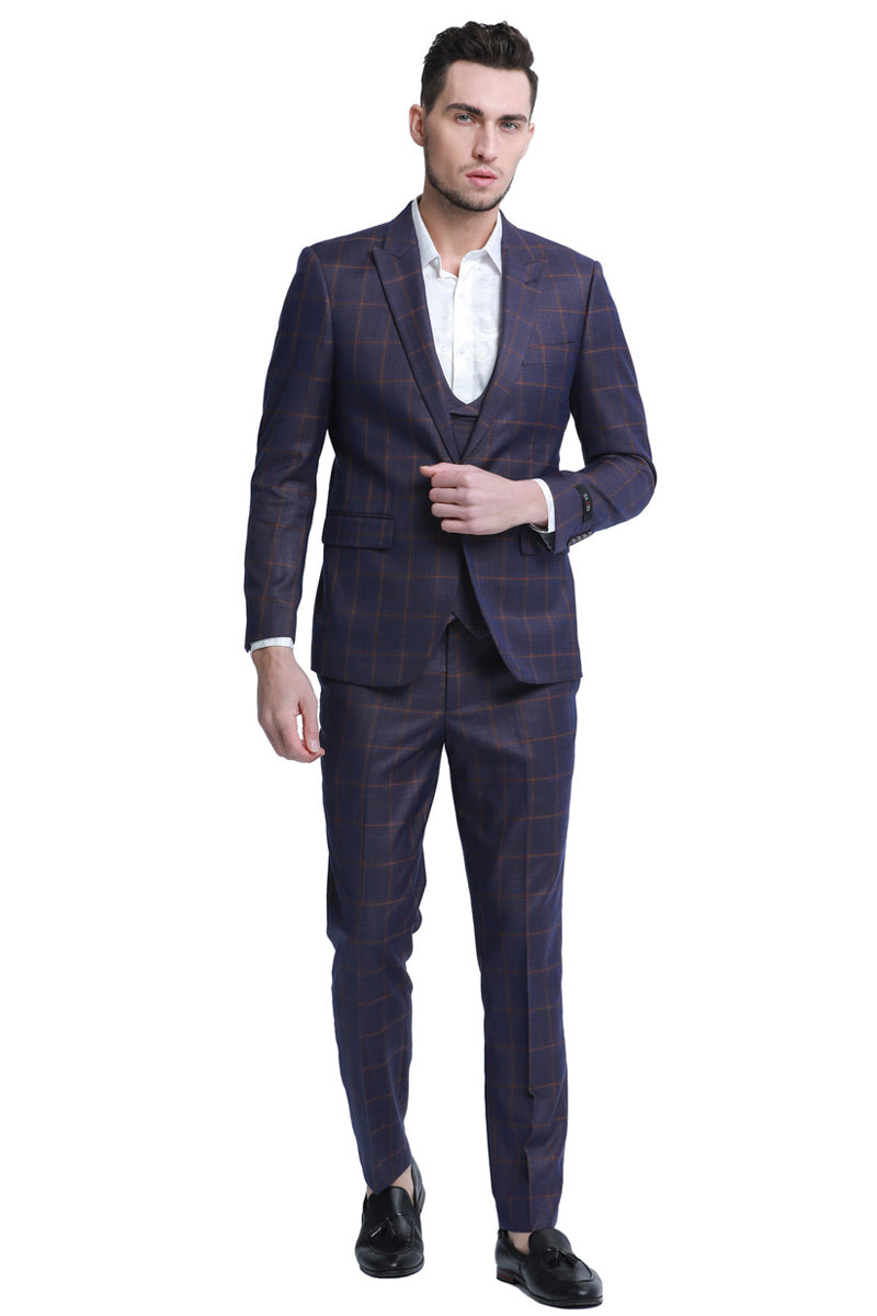 "Burgundy Plaid Men's Slim Fit Double Breasted Vest Suit - One Button" - 34 Short