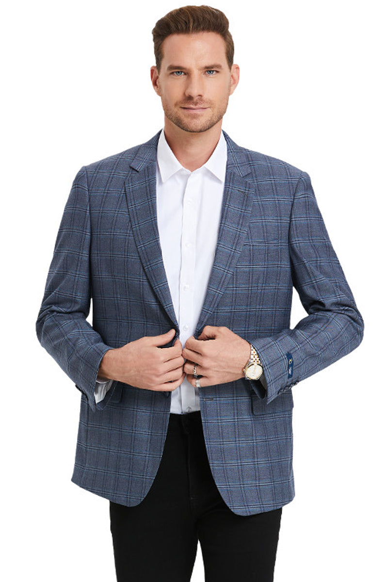 "Men's Business Casual Double Windowpane Sport Coat - Light Blue, Two Button"