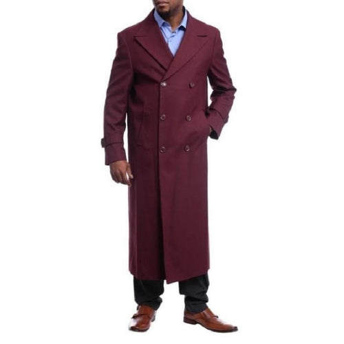 Mens Red Overcoat Trench coat - Diamond Burgundy Wool Double Breasted