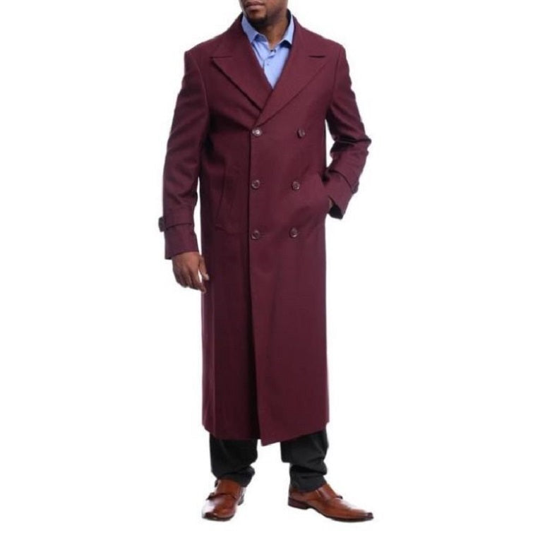 Mens Red Overcoat Trench coat - Black Diamond Burgundy Wool Double Breasted - Coat Size 38