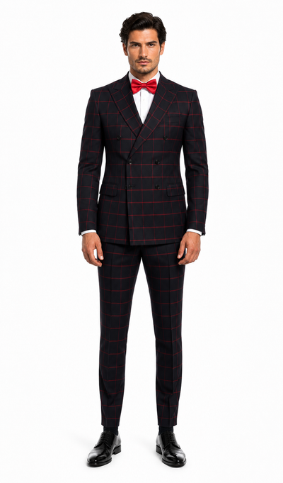 Double Breasted Suit in Black and Red Plaid Window Pane Suit - Gangster Suit 1920s Suit