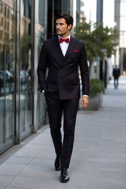 Double Breasted Suit in Black and Red Plaid Window Pane Suit - Gangster Suit 1920s Suit
