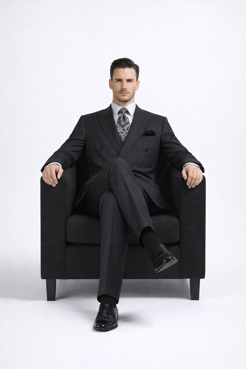 Double Breasted Suits - Vested Suits Wool Fabric - Apolo King Brand - Gray Stripe Suit