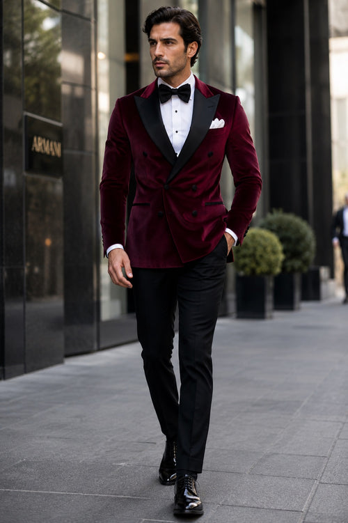 Double Breasted Tuxedo - Velvet Tuxedo Dinner Jacket Burgundy
