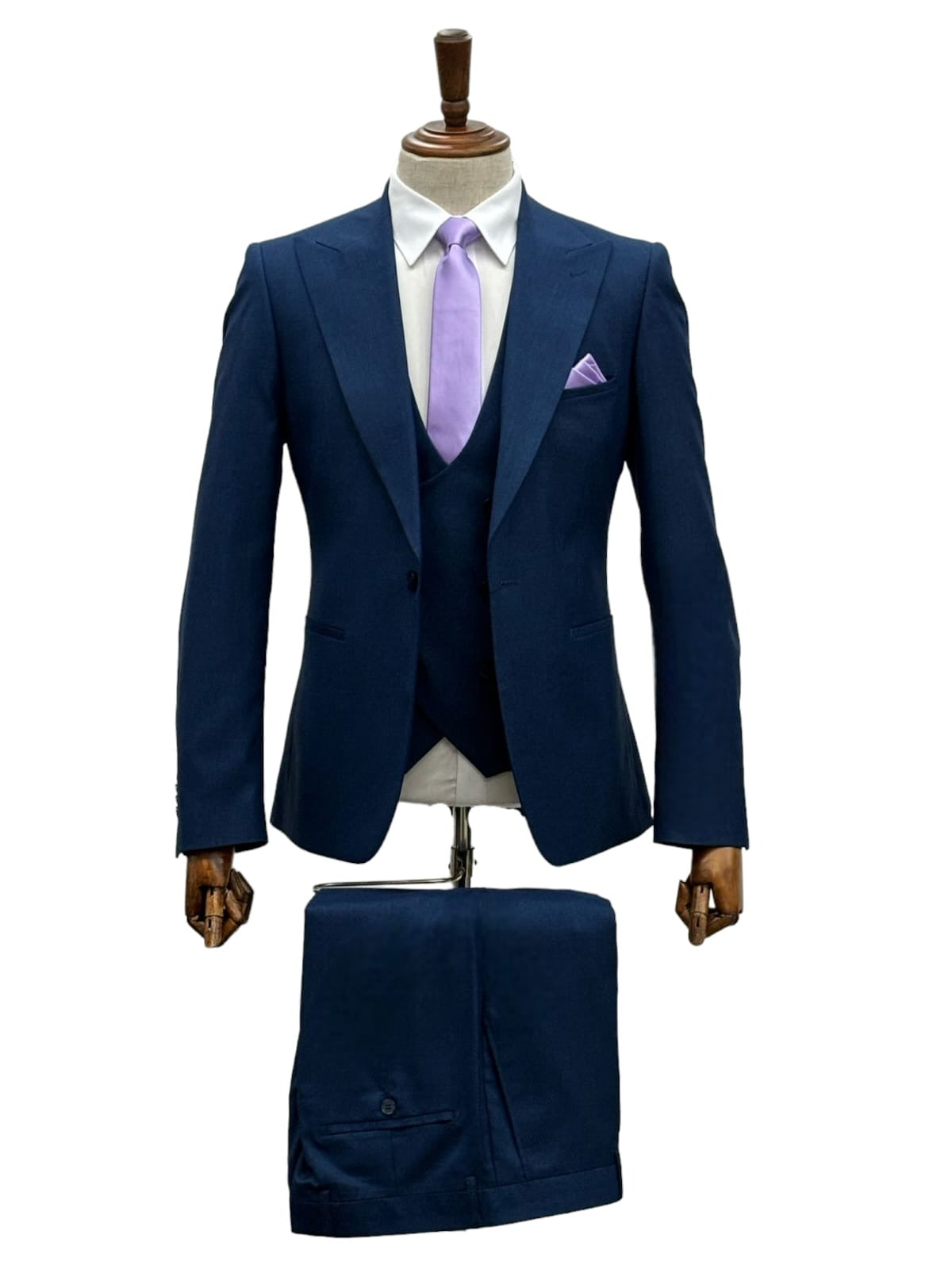 Giovanni Testi Suits With Double Breasted Vest - 3 Pieces Peak Lapel in Navy - 34 Short